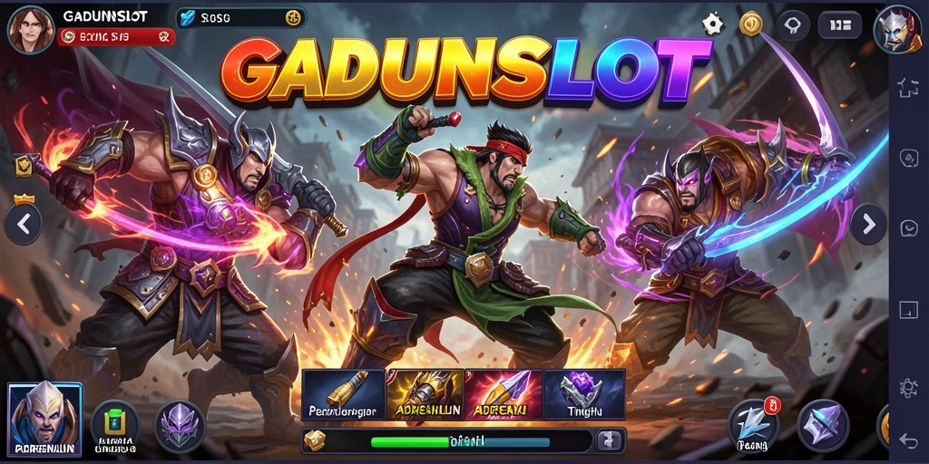 Gameplay GADUNSLOT menampilkan pertarungan dinamis dengan karakter unik.