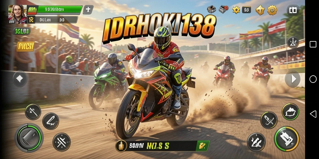 Tampilan gameplay menarik dari IDRHOKI138 yang menunjukkan aksi balapan motor.