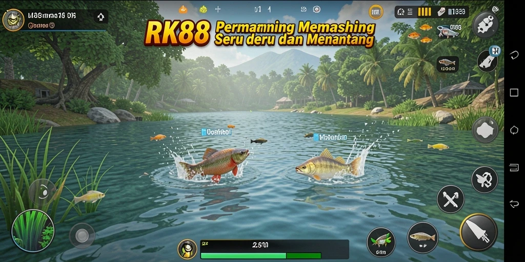 Screenshot gameplay RK88 menampilkan aksi memancing yang seru di lokasi indah.