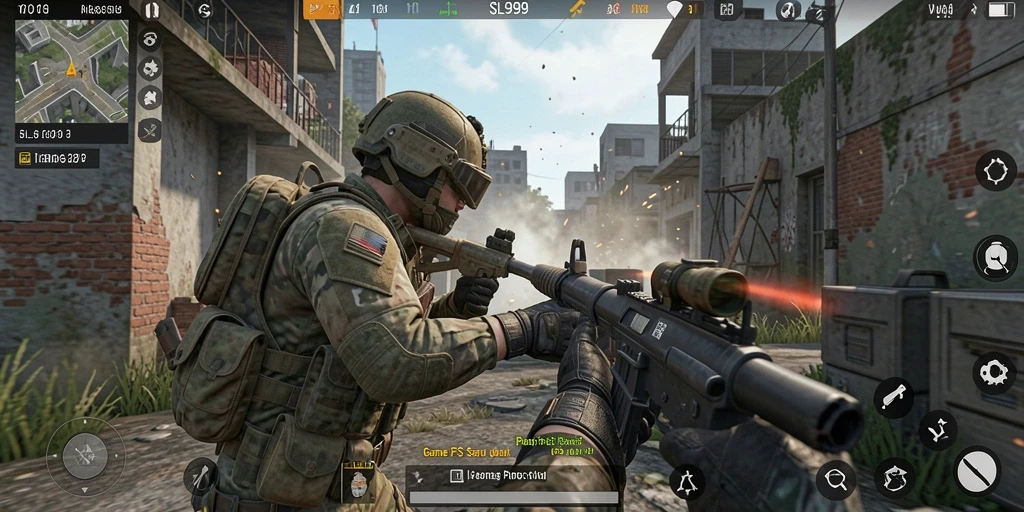 Screenshot utama SL999 menunjukkan gameplay FPS yang intens dan menarik.